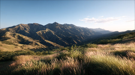 Serene Mountain Vista with Golden Grasses under a Clear Skyの素材