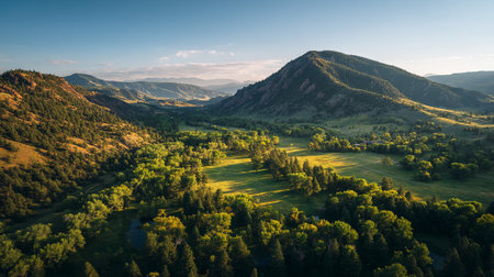 Lush green valley unfolds beneath rugged mountain peaks in stunning daylightの素材