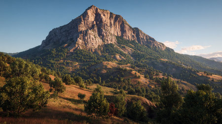 Majestic Mountain Peak Landscape with Rolling Hills and Verdant Forestsの素材