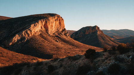 Golden Hour Lights Majestic Mountain Ridges in the Arid Desert Landscapeの素材