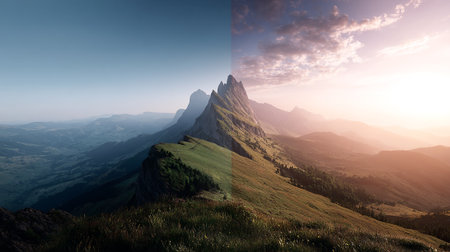 Majestic Mountain Range Contrasting Light and Shadow in a Serene Landscapeの素材