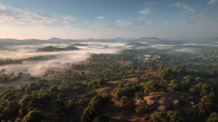 Misty Landscape: Aerial View of Forested Hills at Early Morningの素材