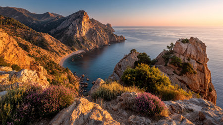 Dramatic Coastline Vista with Rugged Cliffs and Serene Ocean at Sunsetの素材