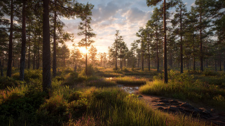 Warm Sunlight Illuminating Serene Forest and Wetlands in the Eveningの素材