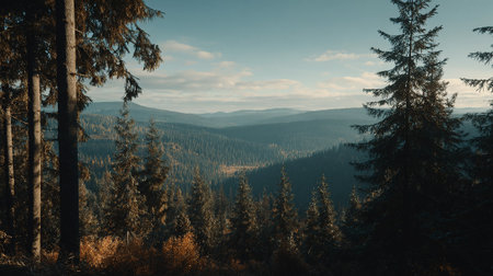 Majestic Forest Landscape: Layered Mountain Ridges Under a Blue Skyの素材