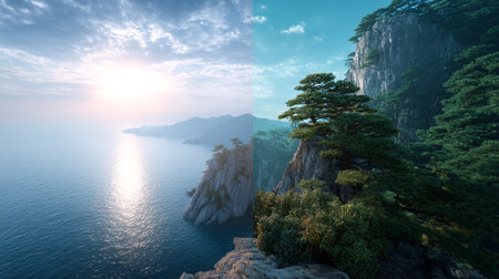 Tranquil Divide: Coastal Cliffs and Lush Mountains in a Scenic Panoramaの素材
