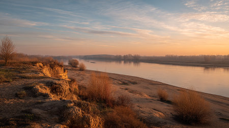 River Landscape at Sunset with Sandy Shore and Eroded Bank.の素材