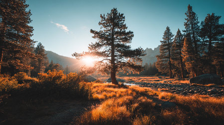 Sunburst Through Majestic Pine Tree in Golden Meadow Landscapeの素材
