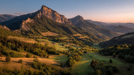 Dramatic Mountain Peaks Over Lush Green Valley Landscape at Golden Hourの素材