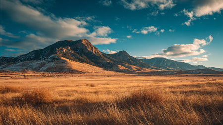Golden Meadow and Majestic Mountain Peaks Landscape Under a Sunny Skyの素材