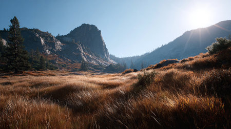 Stunning Mountain Landscape with Golden Grass and Sunlight Streaming Downの素材