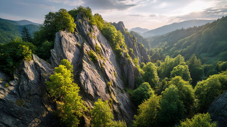 Dramatic Rocky Peak Overlooking a Lush Green Forest Valleyの素材