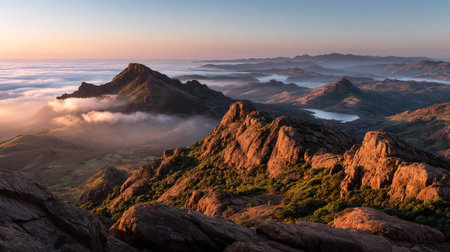 Stunning mountain range landscape with fog at sunrise, captured in a scenic view.の素材