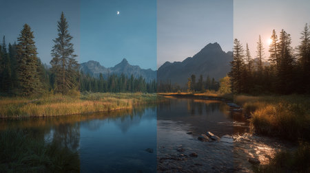 Four seasons by the river in the mountains, a conceptual scenic shot.の素材