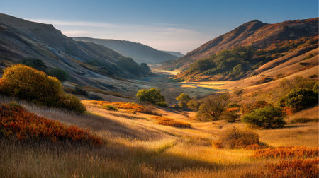 Golden Light Bathes Verdant Valley in Autumnal Warmth and Tranquilityの素材