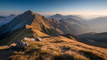 Panoramic vista of mountain peaks under a golden sunrise sky.の素材