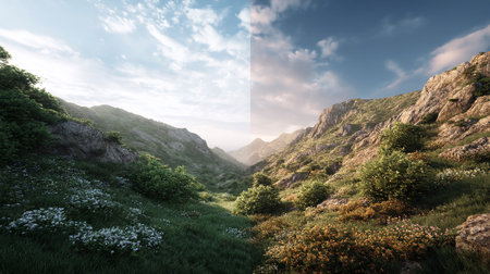Stunning split view of a lush mountain valley under a bright skyの素材