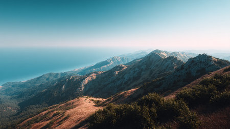 Serene mountain vista with turquoise ocean backdrop under a clear blue sky.の素材