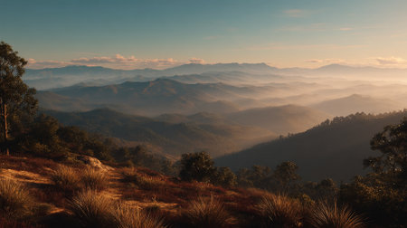 Misty Mountain Ranges in Golden Light: Breathtaking Outdoor Sceneryの素材