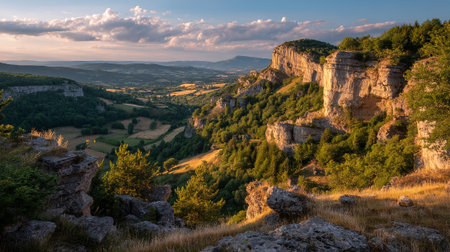 Dramatic Cliffs and Verdant Valley at Sunset in Cï¿½ï¿½vennes National Parkの素材