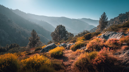 Scenic Mountain Landscape with Colorful Foliage and Mist-Shrouded Peaksの素材