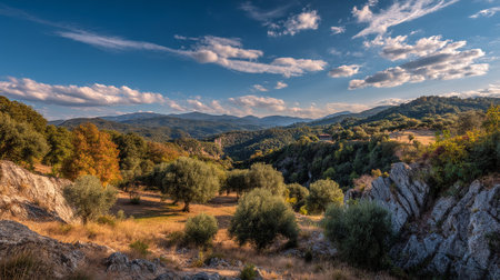 Breathtaking mountain landscape in fall under a dramatic cloudy blue sky.の素材