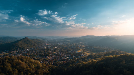 Panoramic View of Rolling Hills and European Village at Dawnの素材