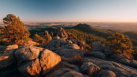 Majestic Rocky Mountain Vista Bathed in Warm Sunset Light, South Dakota Landscapesの素材