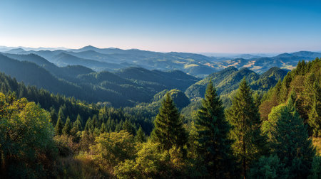 Rolling Hills and Dense Forest Under a Clear Blue Sky Panoramaの素材