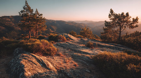Mountain Vista at Dusk with Silhouetted Trees and Golden Huesの素材
