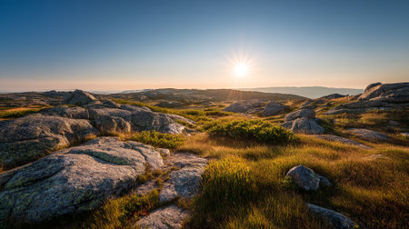 Sunlight over a rocky highland landscape with shrubs and grass.の素材