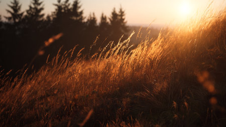 Golden Meadow: A landscape illuminated by the sun's warm, radiant glow.の素材