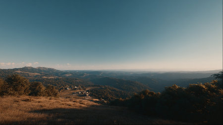 Serene Mountain Vista with Rural Village Under Clear Blue Skyの素材
