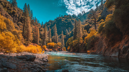 Autumn River Landscape with Golden Trees and Tranquil Blue Water.の素材