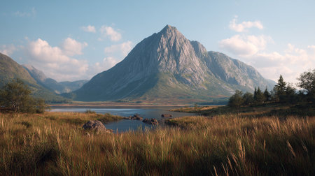 Tranquil Mountain Lake Landscape with Golden Grass and Cloudy Blue Skiesの素材