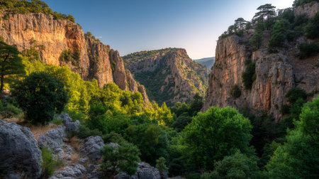 Breathtaking gorge landscape featuring towering cliffs and lush green trees in natural light.の素材