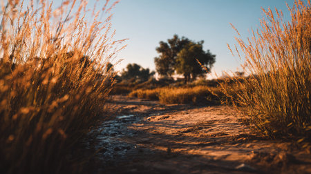Sunset Glow Along Desert Stream with Wild Grass and Treesの素材