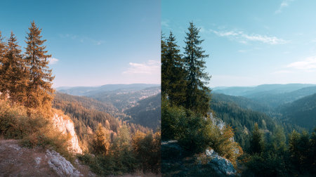 Autumn Meets Evergreen: A Split View of a Forested Mountain Landscapeの素材