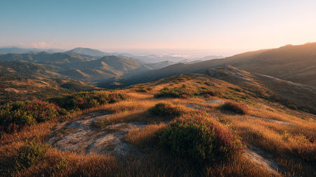 Golden Hour Panorama: Mountain Ridge View at Sunset with Clear Skyの素材