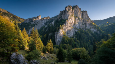 Majestic Mountain Peak Bathed in Golden Light during Early Autumn Seasonの素材