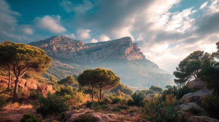 Majestic Mountain Landscape with Clouds and Trees at Golden Hourの素材