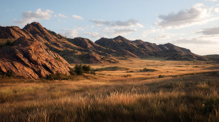 Beautiful mountainous terrain with golden grasses in a serene, natural setting.の素材