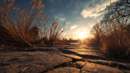 Golden hour bathes an old stone path with dry grass on edges.の素材