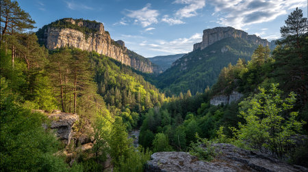 Breathtaking view of a valley surrounded by towering cliffs and vibrant green forest.の素材