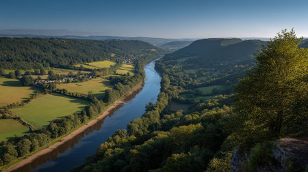 River Wye valley landscape featuring lush greenery and idyllic farmland.の素材