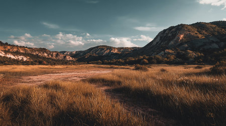 Serene Landscape of Rolling Hills and Golden Grass under a Cloudy Skyの素材