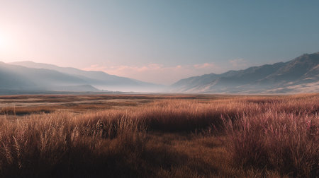 Serene mountain valley landscape with golden fields under a hazy skyの素材