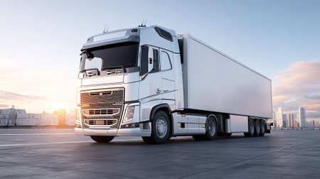 Sleek Silver Semi-Trailer Truck Against an Urban Skyline at Sunsetの素材
