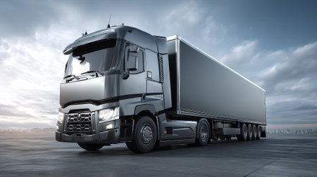 Sleek Black Semi-Truck with Trailer Against a Cloudy Sky Backgroundの素材