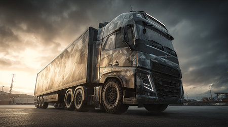Modern Camouflage Semi-Truck at Port Ready for Transport Against Stormy Skyの素材